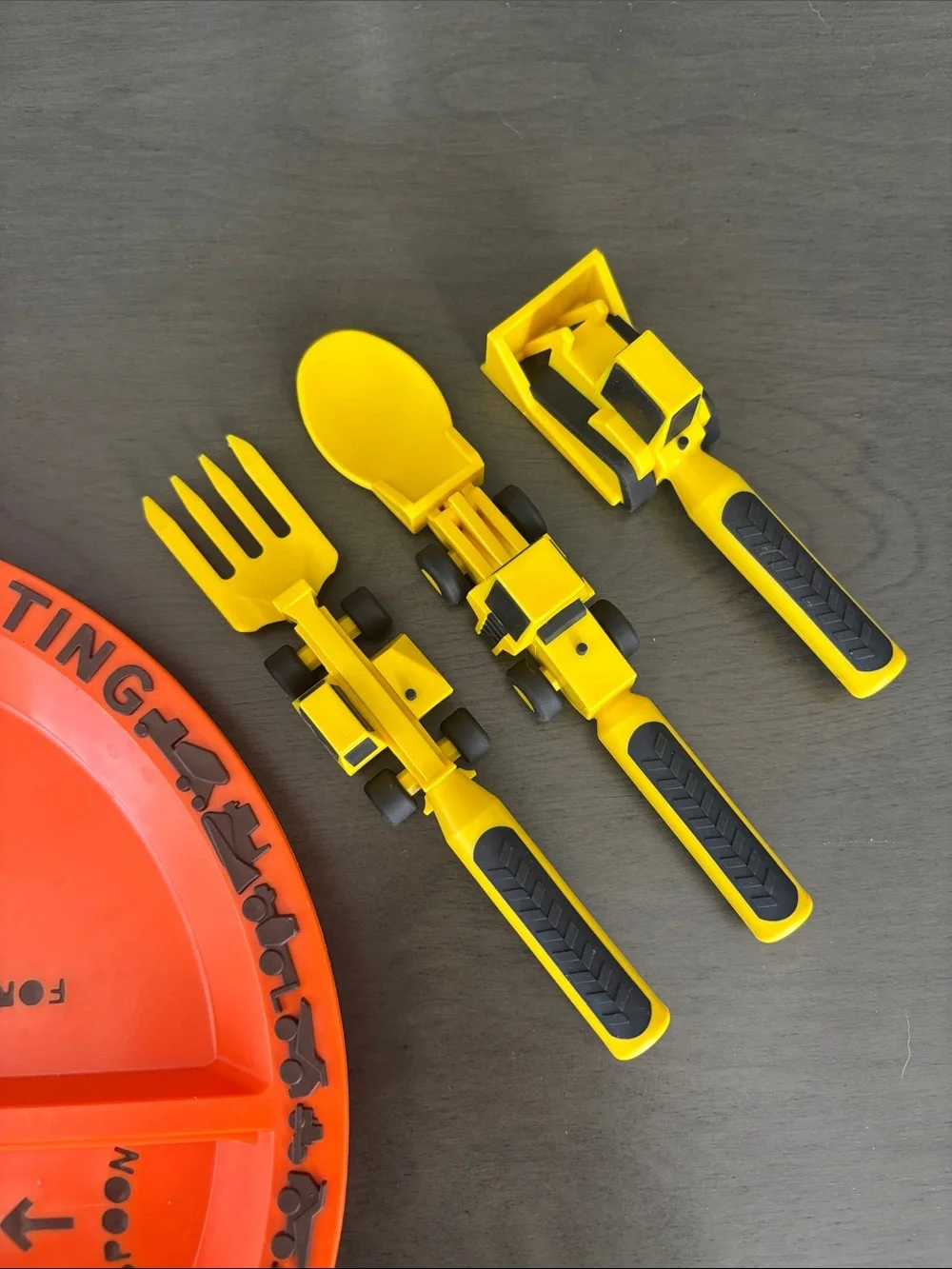 Constructive Eating Orange Divided Plate with Yellow Utensils